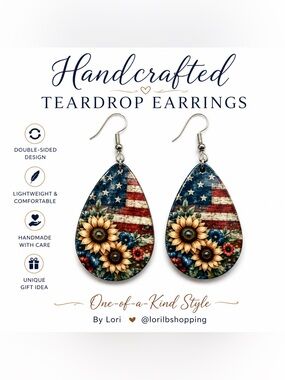 Patriotic Sunflower Teardrop Earrings | Handmade Double-Sided Dangle Earrings